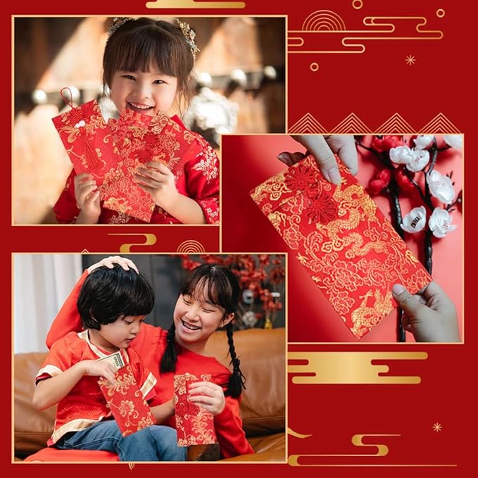 4 Pieces Silk Red Envelope Chinese Red Pocket Lucky Money Hong Bao Card Envelope for Spring Festival Wedding New Year Birthday, 4 Styles with Chinese Knot Jade Pendant Copper Coin (4)