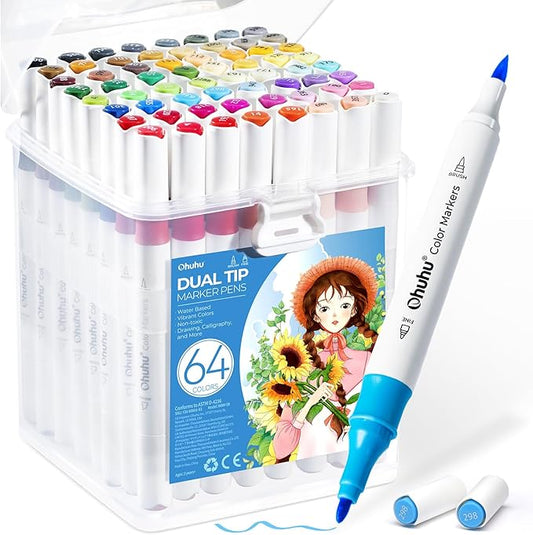 Ohuhu Water-based Markers for Adult Coloring Books No Bleeding 64 Colors Dual Tips Coloring Markers for Kids Adults Beginners Drawing Pens for Journaling Lettering (Brush & Fine)