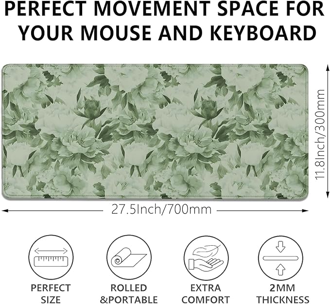 Sage Green Floral Desk Pad Extended Mouse Pad,Large Gaming Floral Mouse Mat with Stitched Edges,Non-Slip Rubber Base Mousepad for Office Computer Keyboard Laptop Home(27.5X11.8 in)