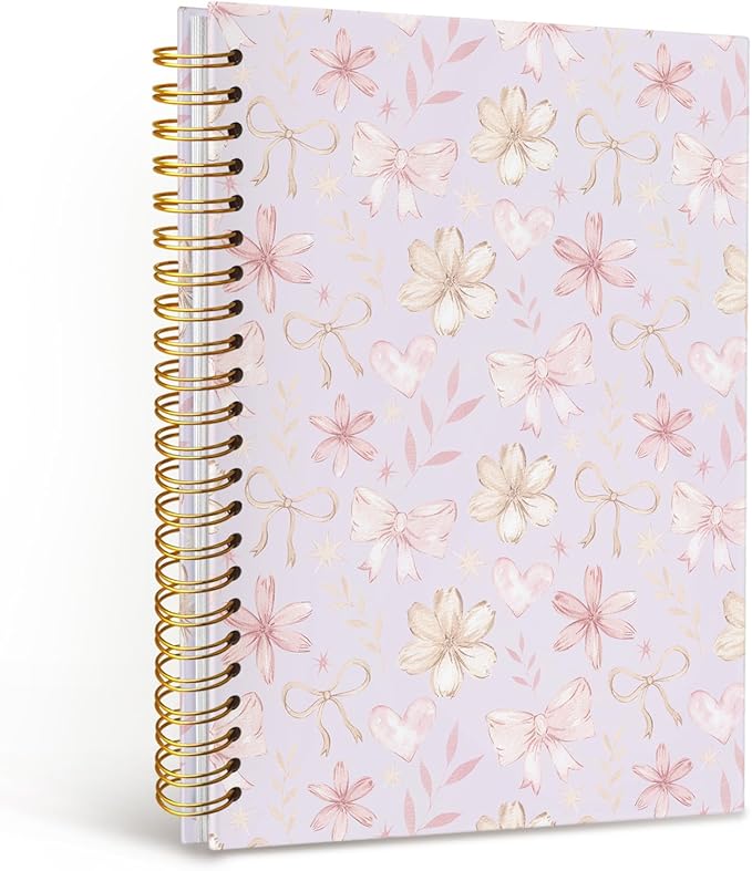 MOFUYU Cute Preppy Purple Bow Notebook Journals Diary,Preppy Cute Purple School Supplies for Teen Girls Women,Floral Hardcover Spiral Notebook A5
