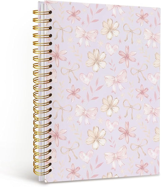 MOFUYU Cute Preppy Purple Bow Notebook Journals Diary,Preppy Cute Purple School Supplies for Teen Girls Women,Floral Hardcover Spiral Notebook A5
