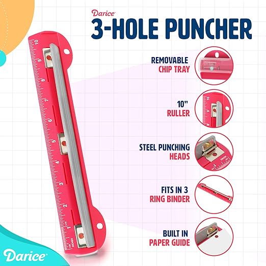 Darice 3 Hole Puncher 2 Pack - 5 Sheet Capacity Paper Punch with 10" Ruler - 3 Ring Easy-Clean Tray, Portable, Compact - Blue Pink