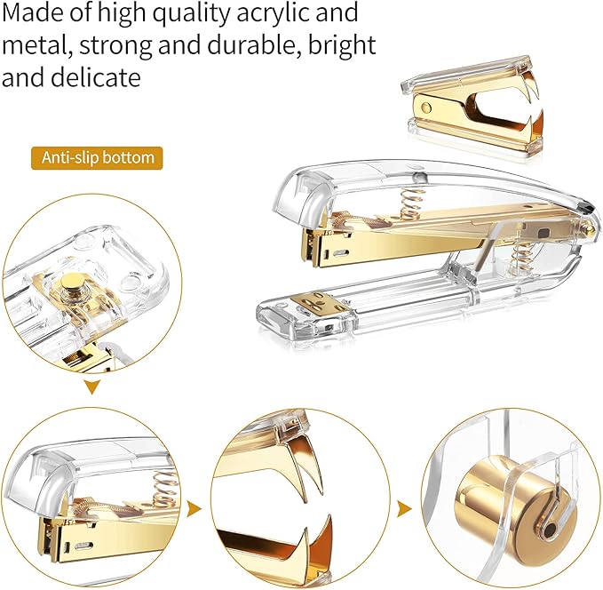 Office Supplies Set Desk Accessory Kit, Acrylic Stapler Set Staple Remover, Tape Dispenser, Binder Clips, Paper Clips, Ballpoint Pen and Scissor with 1000 Pieces 26/6 Staples (Gold)