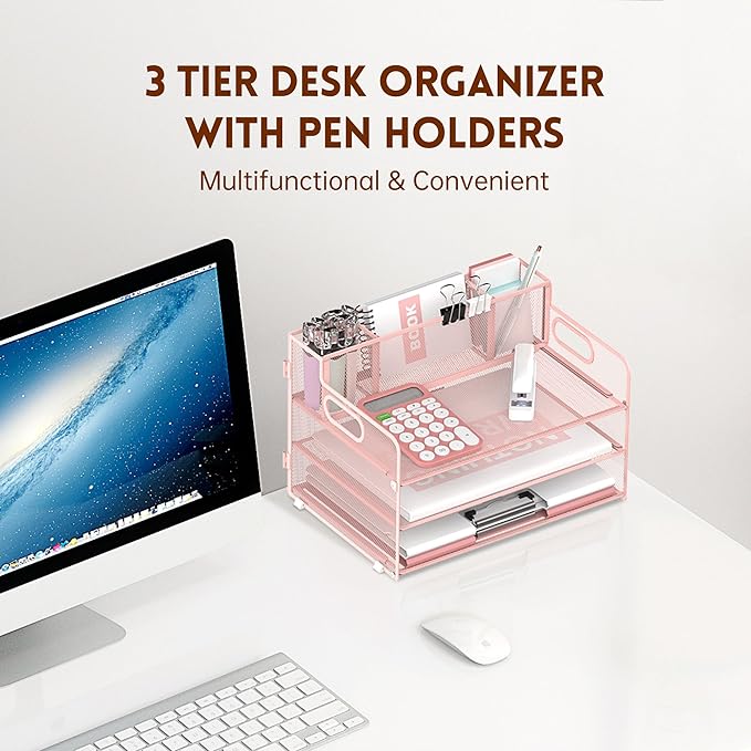 SUPEASY 3 Tier Desk Organizer with Handle & 3 Pen Holders, Mesh Paper/File Organizer for Desk, Paper Letter Tray Organizer for Office Supplies (Cute Pink)