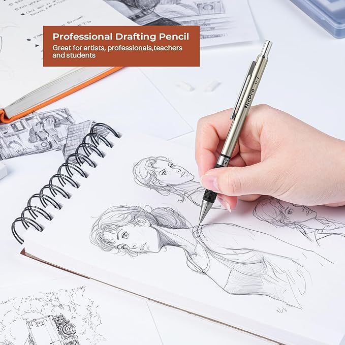 Nicpro Art Mechanical Pencil Set in Case, 4 PCS Metal Drafting Pencil 0.5 mm & 0.7 mm, Lead Pencil with 6 Tube HB Lead Refills, 3 Erasers, 9 PCS Eraser Refills for Artist Writing, Drawing, Sketching