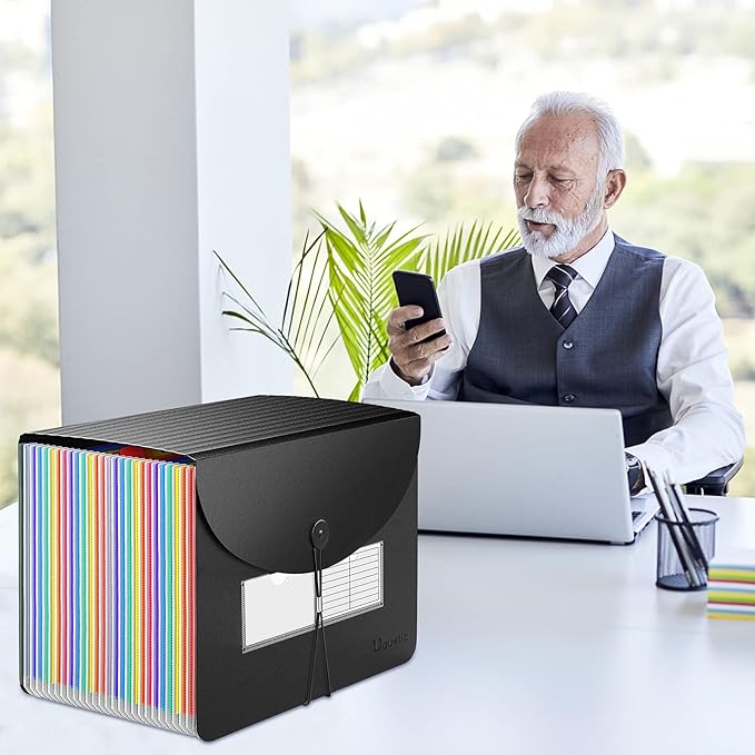Uquelic Large Accordion File Organizer, Legal Size File Folder with 24 Pockets, Plastic Expanding File Organizer, Color Index& Elastic Strap for Legal/Letter/A4 Size Papers(Black)