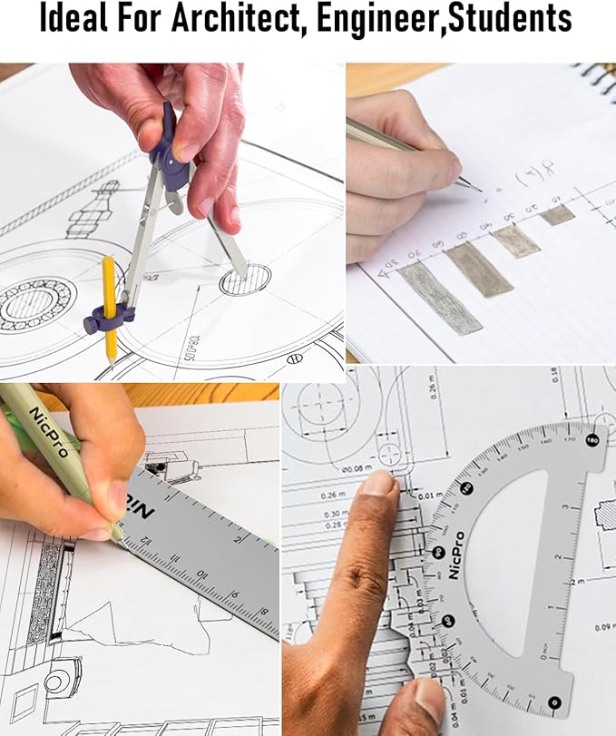 Nicpro 20PCS Professional Geometry Set with Case, Drafting Tools with Protractor and Compass, Metal Rulers, Triangles, Pens, Pencils, Drawing Supplies, Drafting Kit for Architect Engineer Students