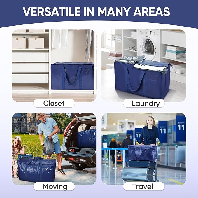 TICONN 6 Pack Extra Large Moving Bags with Zippers & Carrying Handles, Heavy-Duty Storage Tote Moving Boxes for Space Saving (6 Pack, Navy)