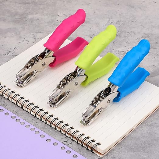 12 Pcs Single Hole Punch, 1/4" Handheld Hole Puncher with Soft Grip Handle, Small Single Circle Hole Paper Punch Shapes for Crafts Greeting Cards Scrapbook Notebook Tags Tickets (3 Colors)