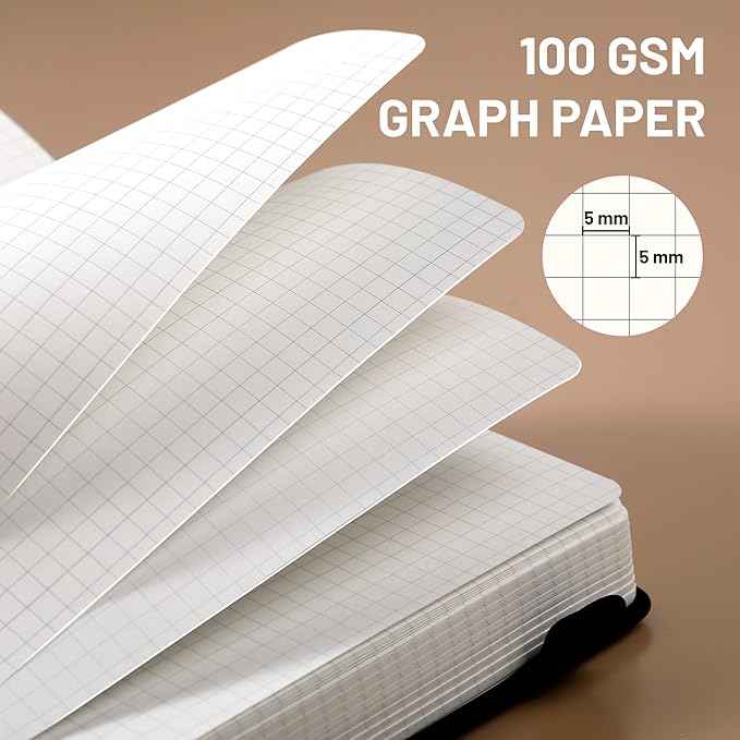 CAGIE Graph Notebook 320 Pages 100 GSM Paper Graphing Grid Journal B5 Hardcover Leather Quad Ruled Notebooks for Engineering, Math, Work, Black