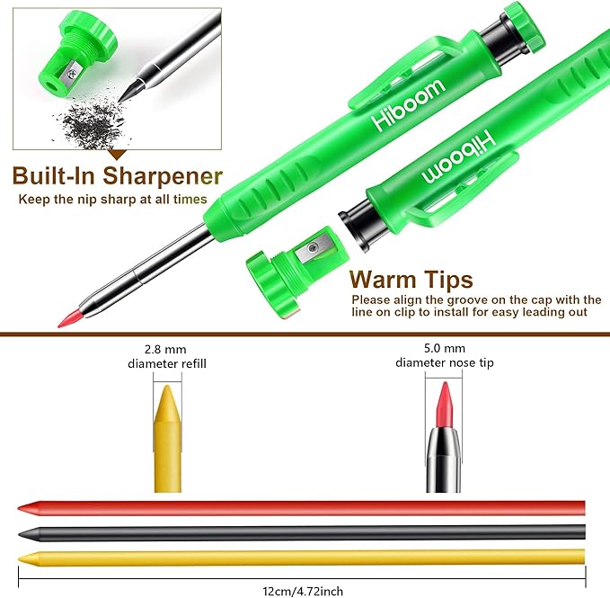 Hiboom 2 Pack Solid Carpenter Pencils with Pencil Cap and 18 Refills, Long Nose Deep Hole Mechanical Pencil Marker, Scribe Tool with Built-in Sharpener for Construction Woodworking Architect (Green)