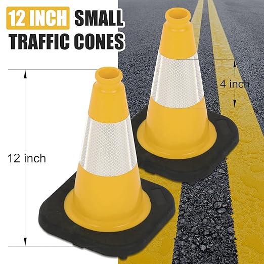 Fluorescent Orange/Green PVC Traffic Cones, Heavy Black Base Parking Lot Cone Structurally Stable Weatherproof Road Construction Safety Cones (8, Yellow, 12" Small)