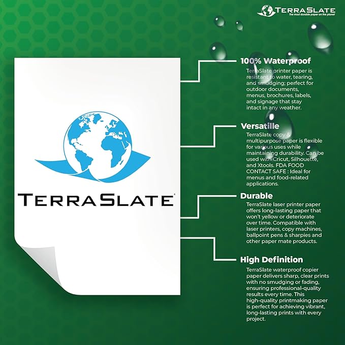TerraSlate Premium Rain/Weather/Waterproof Paper, 10 MIL 8.5 x 11 Inches, Bright White, Durable Printer Paper (250 Sheets)