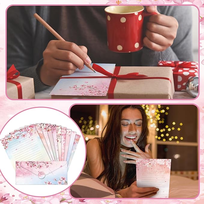 TaoBary 160 Pcs Stationery Paper Set 50 Double Sided Stationery Papers with 50 Matching Envelopes and 60 Round Dot Sticker, 10 Design(Cherry Blossom,8.5 x 11 Inch)