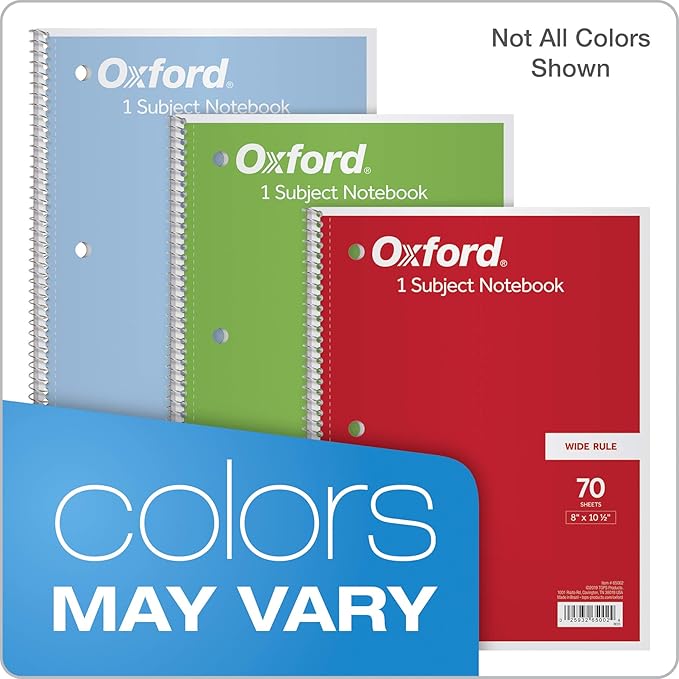 Oxford 1-Subject Notebooks, School Journal, 8 x 10-1/2 Inch, Wide Rule Paper, 70 Sheets, 3-Hole Punch, 3 Pack, Red, Blue, Green, Color Assortment May Vary (65029)