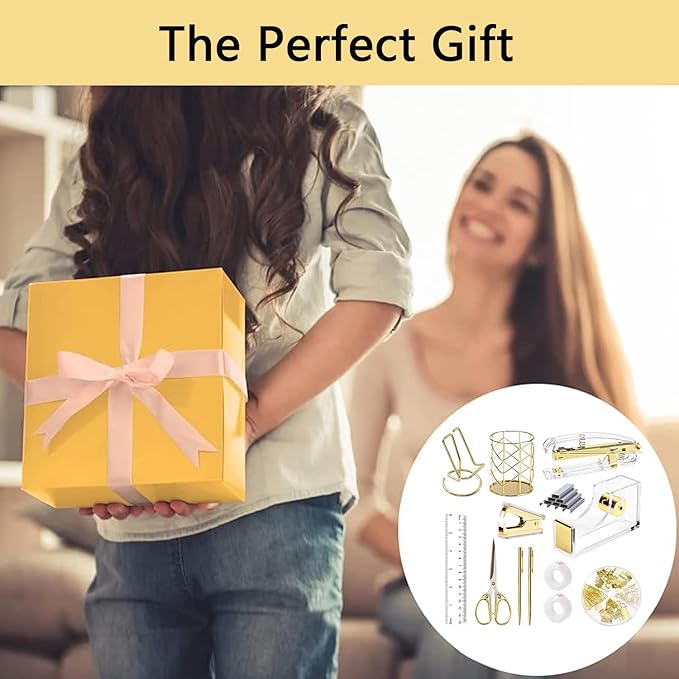 Office Supplies,Desk Accessories,with Stapler,Tape Dispenser,Pen Holder Cup for Desk,Staple Remover,Scissor,Ballpoint Pen,Clear Tape, Staples,Phone Stand,Ruler,Binder,Best Gift Set(Gold)