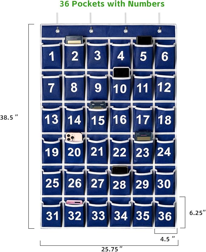 36 Pockets Blue Numbered Classroom Pocket Chart for Cell Phones, Hanging Pocket Chart Storage for Classroom Phone Calculator Holder with 4 Stainless Steel Hooks (Blue-36pockets)