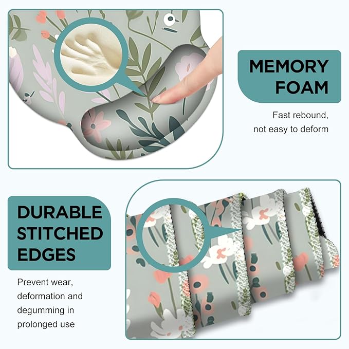 AIMSA Keyboard Mouse Pad Set, Extended Mouse Pad, Keyboard Wrist Rest Support, Memory Foam Ergonomic Desk Pad Set for Home Office Study Game, Pink White Flowers Plants