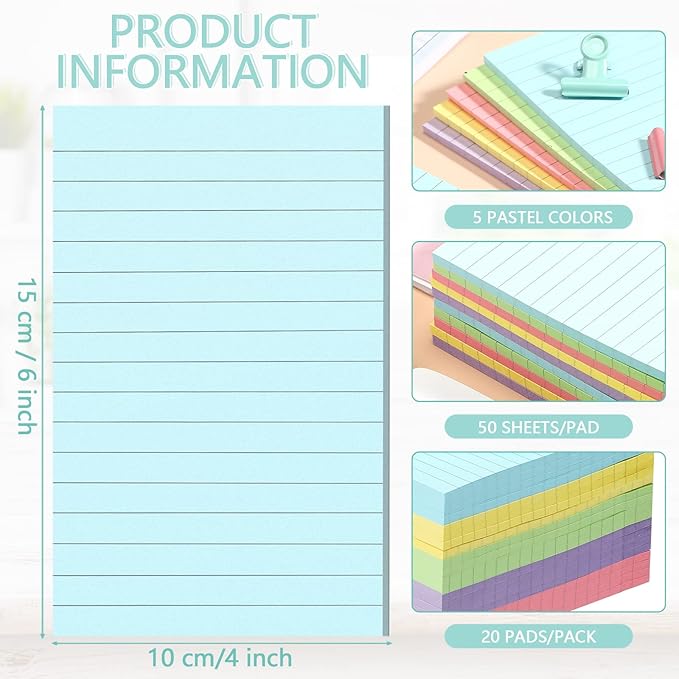 Thenshop 20 Pieces Lined Sticky Notes 4x6 Pastel Ruled Post Stickies Sticky Note Pads Memo Pads for Home Office Supplies, 50 Sheets/Pad(Mixed Colors)