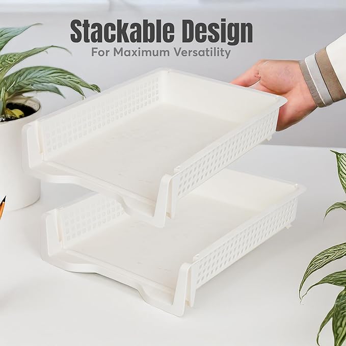 Letter Tray Desk Organizer – Stackable Paper Organizer for Home & Office, Durable Plastic Paper Tray for Desk, A4 & Letter-Size Document Holder (White)