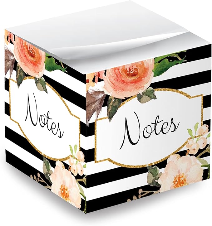 Black and White Floral Sticky Note Cube / 2.75" Memo Block Printed On 4 Sides/Modern Floral Stripe Design/Made in The USA