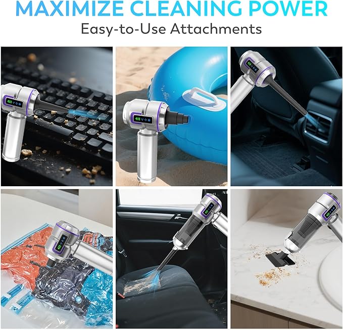 KedeeSparkle Car Vacuum Cleaner, 22000PA High Power Portable Handheld Car Vacuum & Air Duster, Mini Cordless Vacuum with LED Display, for Home, Office, Camping (Silver Purple)