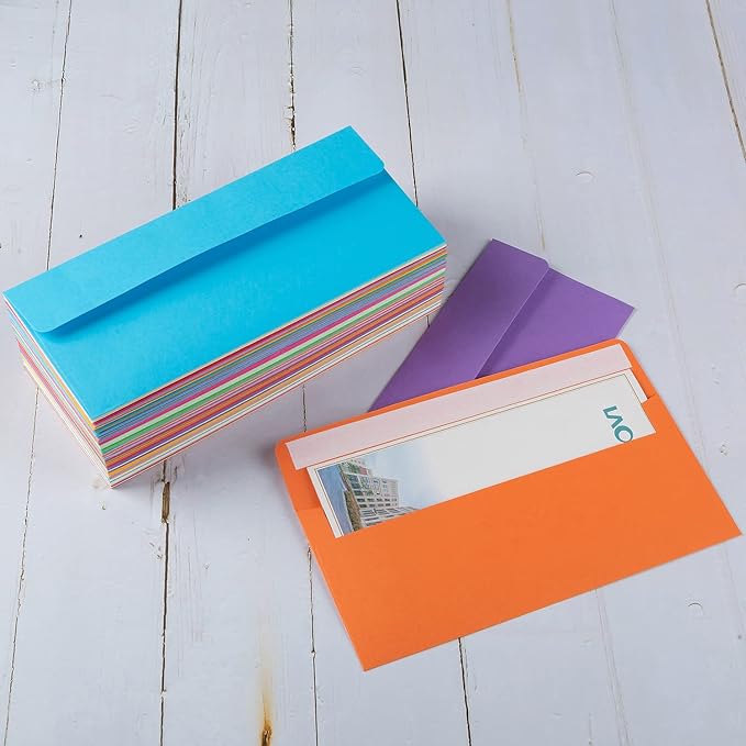 100 Pack Colorful #10 Business Envelopes Self Seal Standard Envelopes for Office Checks, Business, Letter Mailing Invoices, 4.13 x 9.49 Inches (Colorful)