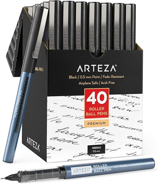 ARTEZA Rollerball Pens, Set of 40 – Black Ink with 0.5 mm Extra Fine Needle Tip for Precision Writing, Journaling, Sketching & Office Use