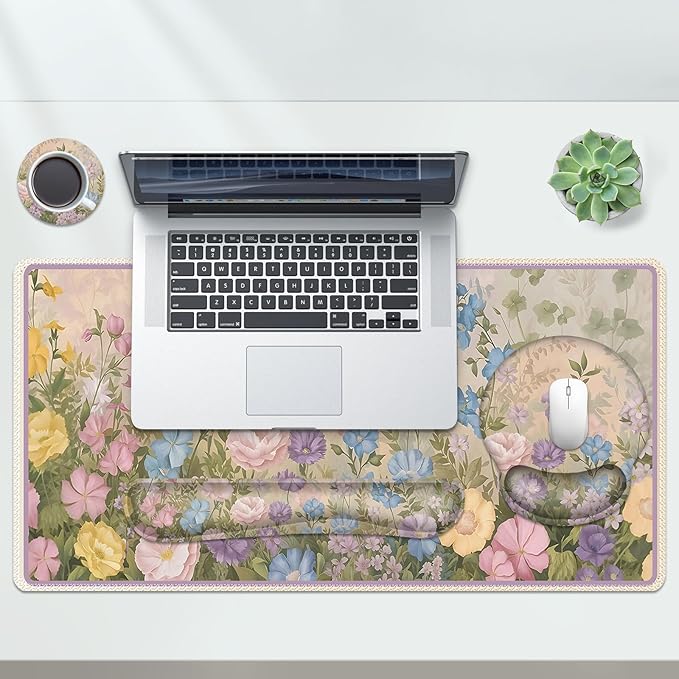 AIMSA Large Gaming Mouse Pad, Keyboard Wrist Rest Pad, Wrist Support Mousepad Set, Extended Desk Pad Ergonomic Desk Mat for Home Office, Beautiful Flowers