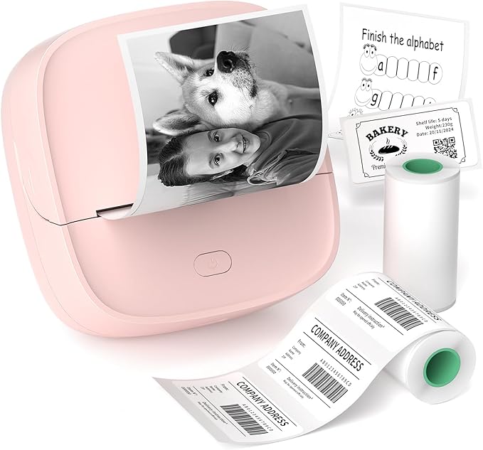 JD-23 Sticker Printer, Mini Portable Thermal Printer Print Pod, Inkless Bluetooth Label Maker Machine for DIY Crafts, Journaling, Office & Home Use, 2 Rolls Sticker Paper, Pink