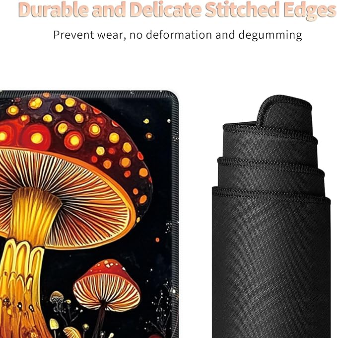 Desk Mat Large Gaming Mouse Pad (31.5x11.8 inch) with Stitched Edges, XL Mouse Pad +Coaster, Extended Mouse Mat Keybroad Mousepad Non-Slip Rubber for Gamer Men Women, Mushrooms Night