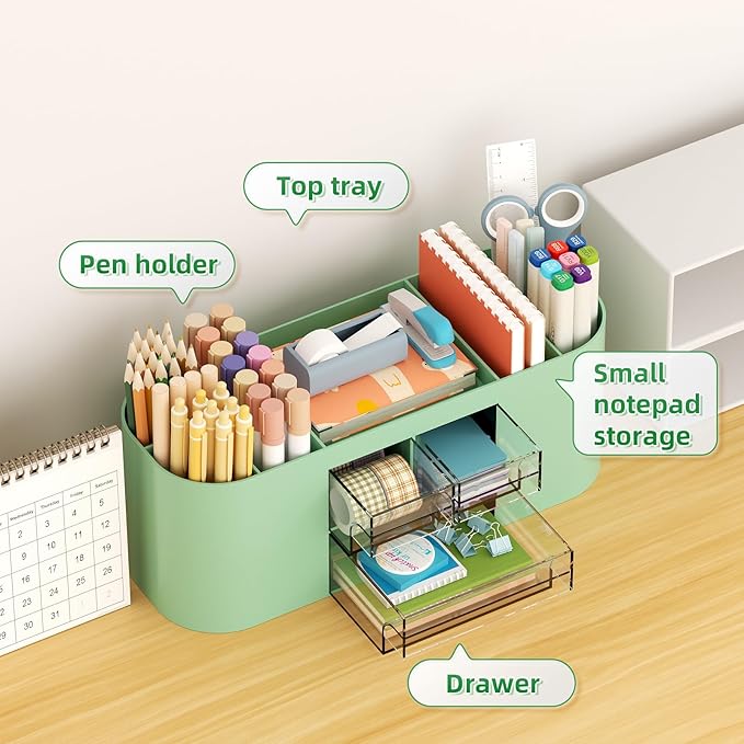 Marbrasse Desk Organizer Pen Holder for Desk with 3 Drawers, Multi-Functional Pencil Holder, Desk Organizers and Accessories with 7 Compartments for Home, School, Classroom(Green)
