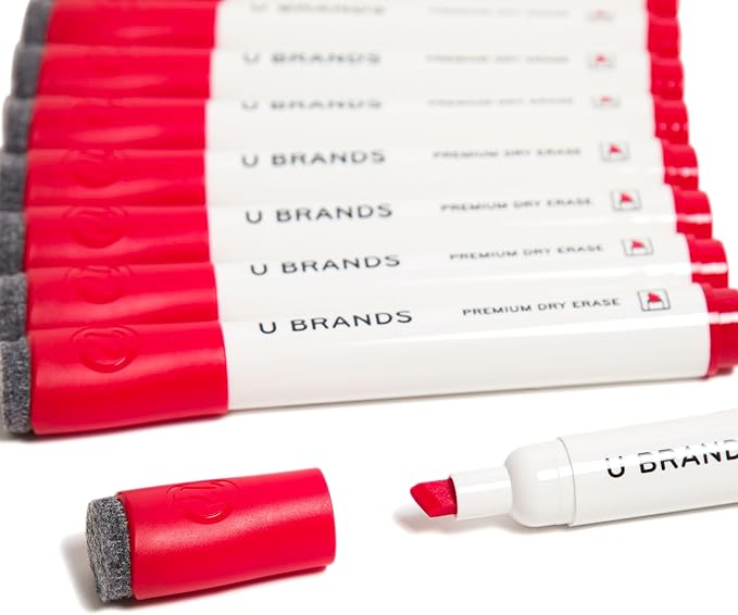 U Brands Fine Tip Dry Erase Markers with Eraser, Whiteboard Markers with Chisel tip, Low Odor, Red, Set of 12