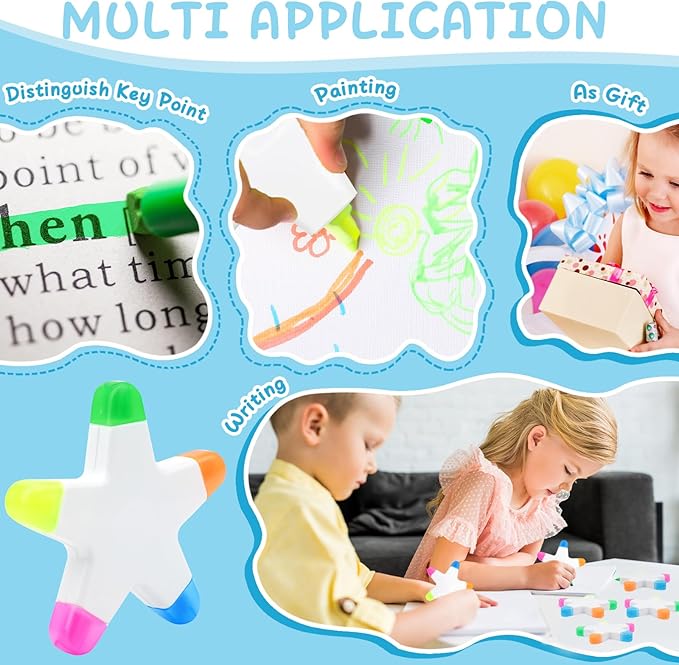 50 PCS Star Highlighters Bulk 5-in-1 Colorful Watercolor Highlighter Pens Assorted Colors Creative Star Shape Fluorescent Pens for School Office Travel Aesthetic Stationery Supplies