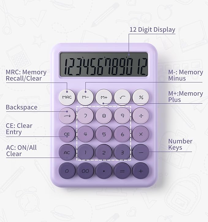 Desk Cute Purple Calculator with Big Buttons, Calculators Desktop, 12 Digit with Large LCD Display,Basic Standard Calculator,Mechanical Switch Aesthetic Calculators Office Supplies for Home and School