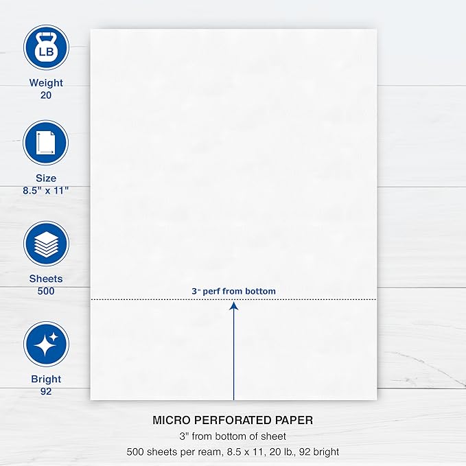 PrintWorks Professional 3" Horizontal Perforated Paper 8.5” x 11” - Perfect For W-2, 1099, & Statement Use - Made in the USA - 500 Sheets - 24 Lb - Printer Compatible - White (04168)