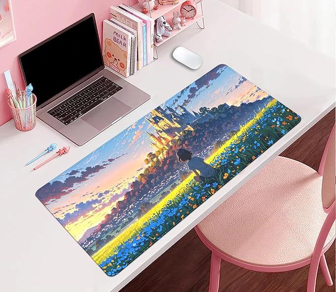 Cartoon Cute Fantasy Castle Sky Flowers Children Extended Desk Pad Mouse Pad,Stitched Edges Non-Slip Rubber Base XL Mouse Mat Desk Mat for Office Home Work Mousepad(27.5X11.8 Inch)