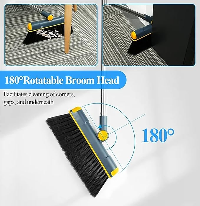 Broom and Dustpan Set 50" Long Handle Foldable Stand Up Broom and Dustpan with Comb Teeth for Indoor & Outdoor Sweeping Home Dog Cat Pets (Blue)