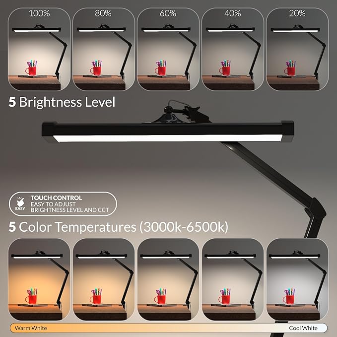 2300 Lumens Ultra Bright LED Desk Lamp – Professional Eye Care Task Light 5 Level Adjustable Brightness & Color Temperature, for Home Office, Architecture, Beauty (CCT, Dimming, Black)
