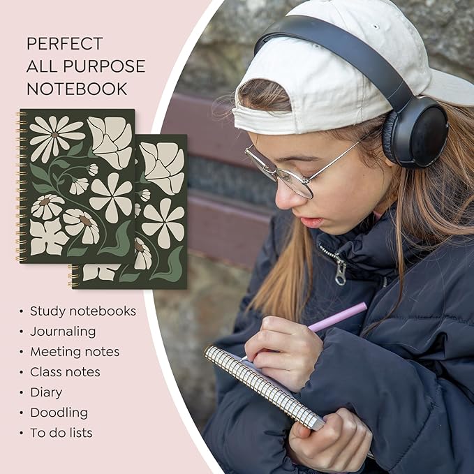 VONTP Boho Abstract Floral Spiral Notebook, Green Flower Aesthetic Journal, Boho Office Supplies, Abstract Botanical Floral College Ruled Notebook Journal for Writing, 5.5x8.3