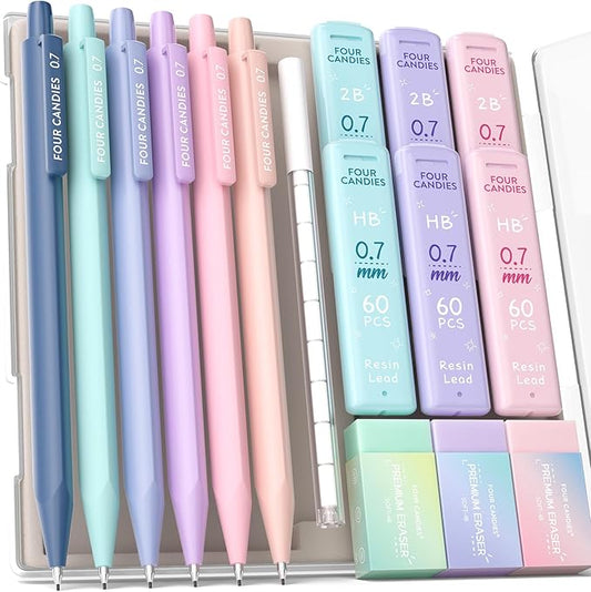 Four Candies Mechanical Pencils 0.7mm, with HB & 2B Lead Refills 0.7, Pastel Eraser Set & Eraser Refills, 16-Count Pack with Case, Cute Aesthetic School Supplies for Writing, Drawing and Sketching