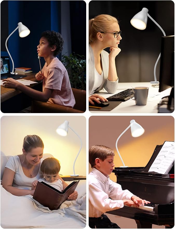 BOHON Clamp Lamp Reading Light 5 Color Modes 10 Brightness Dimmer Bedside Lamp 10W 38 LED Desk Lamp with Auto Off Timer 360° Flexible Gooseneck Clip on Light for Bed Office, Adapter Include, White