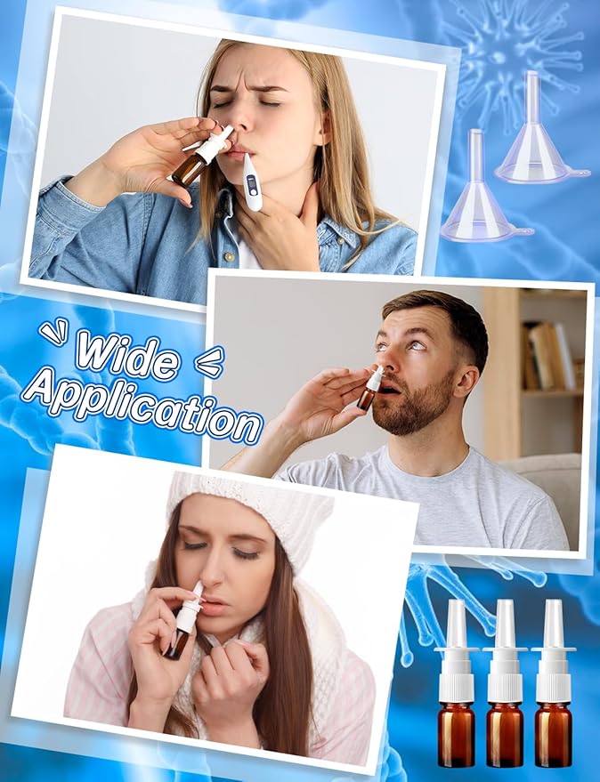 10 Pcs Nasal Spray Bottle, 5ML/0.17OZ 6 Pcs Brown Fine Mist Glass Empty Refillable Nasal Spray Bottle with 2 Pcs Funnels and 2 Pcs Labels