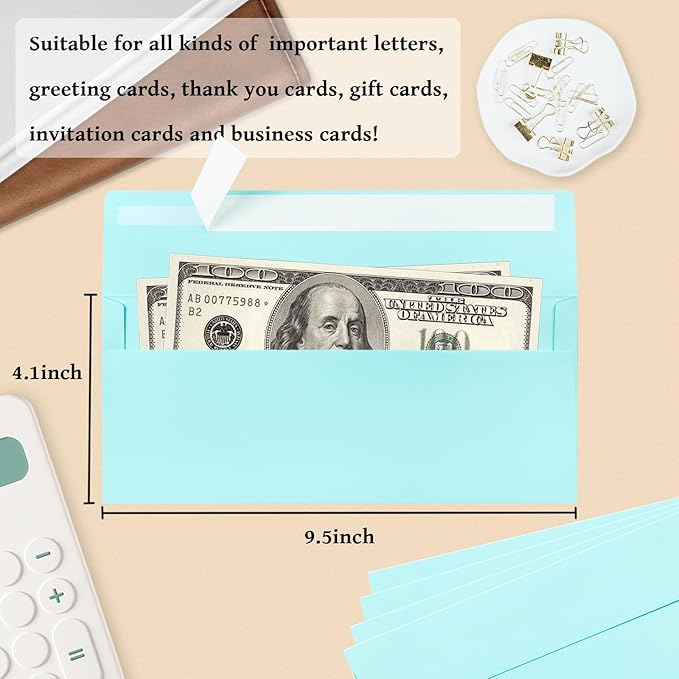 200 Pack #10 Business Envelopes, Light Blue Standard Envelopes Self Seal, Letter Size Business Mailing Envelopes for Checks Letters Invoices Statements Birthday Graduation Wedding, 4 1/8 x 9 1/2 Inch