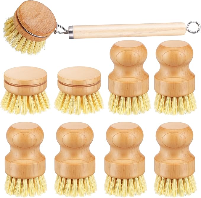 COMNICO Bamboo Dish Brush Set, 9 Pack Kitchen Natural Wooden Cleaning Scrubbers Set Washing Dish Brush Scrubber with Natural Sisal Bristles for Household Cleaning Vegetables