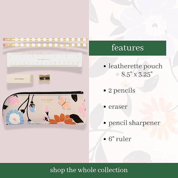 kate spade new york Pen and Pencil Case with Supplies for Adults, Zip Pouch Includes 2 Pencils, Sharpener, Eraser, and Ruler (Safari Floral)