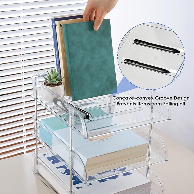 Noger Desk Organizers and Storage, 3 Tier Clear Heightened Desk Organizer, Stackable Paper Tray Organizer for Document, Letter, A4 File Paper, Desk Accessories, Office Supplies (Clear, 3 Pack)
