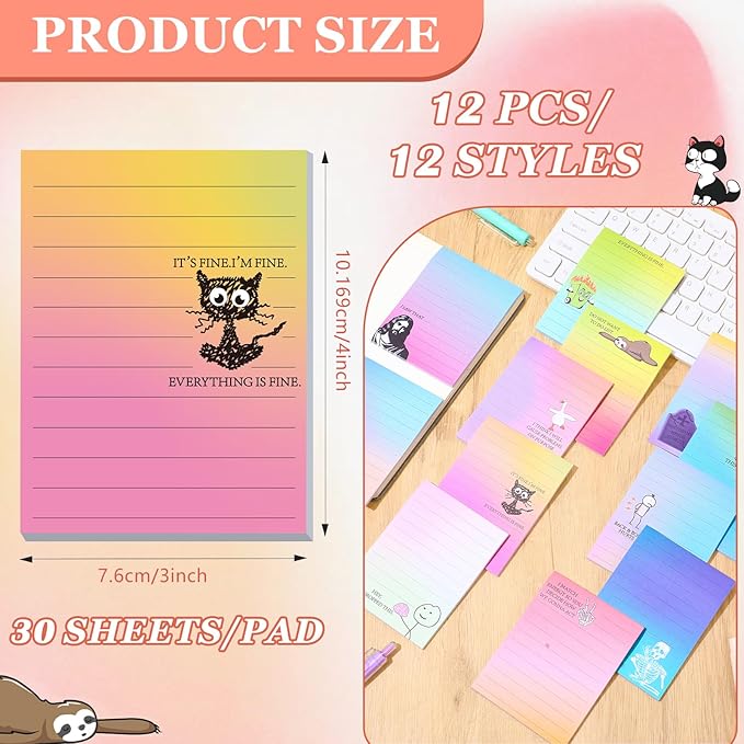 12 Pcs Funny Sticky Notes for Work 4x3 Inches Sarcastic Self Adhesive Notepads Novelty Memo Note Pads for Office Coworker Gifts Employee Appreciation Supplies(Funny,Multi Color)