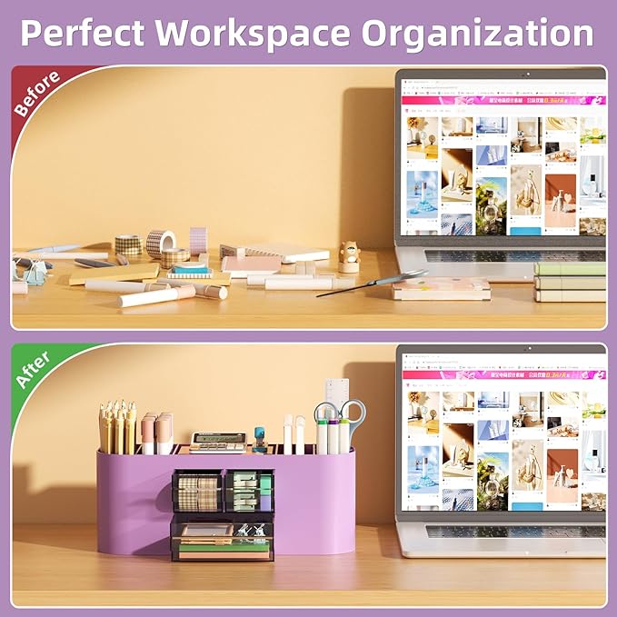 Marbrasse Pen Holder for Desk with 3 Drawers, Multi-Functional Pencil Holder, Desk Organizers and Accessories with 7 Compartments for Home, School, Classroom (Purple)
