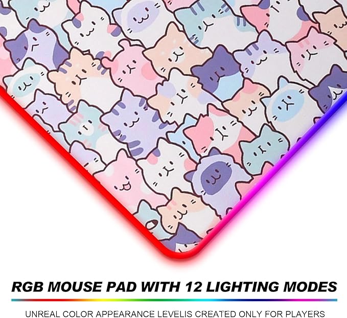 RGB Pink Cat Mouse Pad, Large LED Gaming Light Up Computer Mousepad, Long Glowing PC Laptop and Keyboard Office Desk Mat for Women